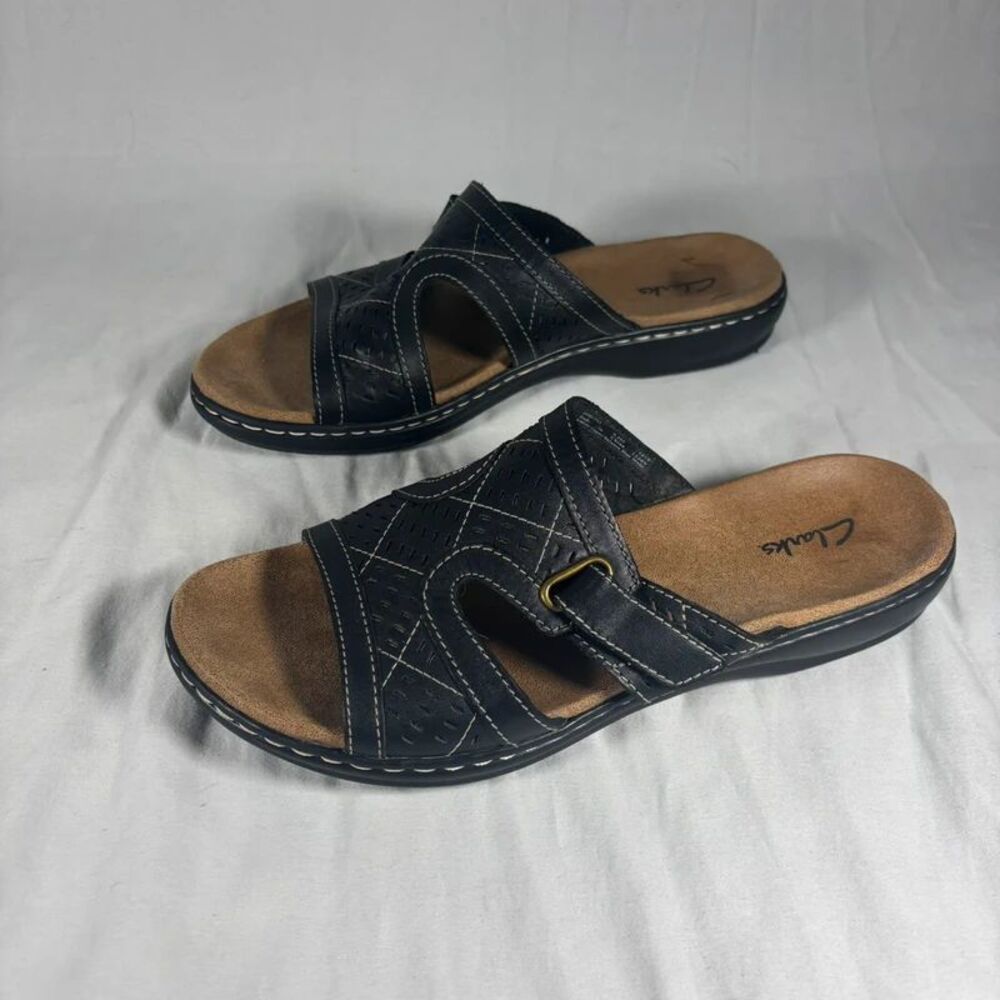 Clarks Black Leather Slide Sandals Size 9.5M | Comfort Strappy